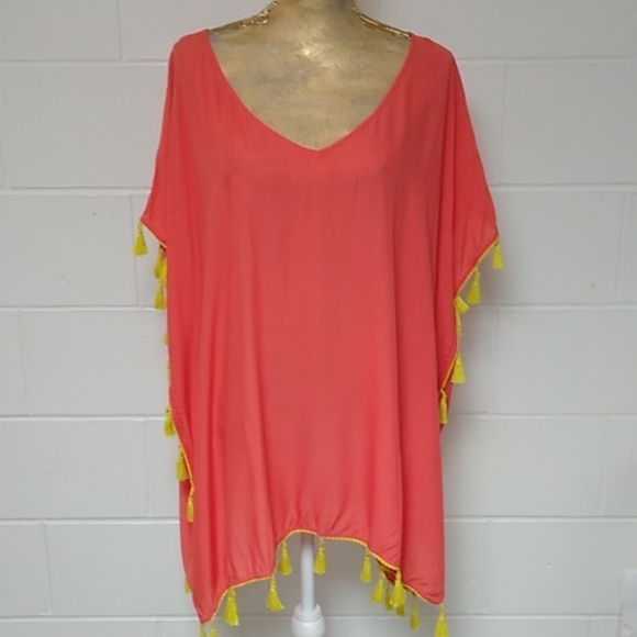 C&T BEACH CORAL WITH YELLOW TASSELS BEACH COVER UP KAFTAN SUMMER WEAR - Picture 4 of 5
